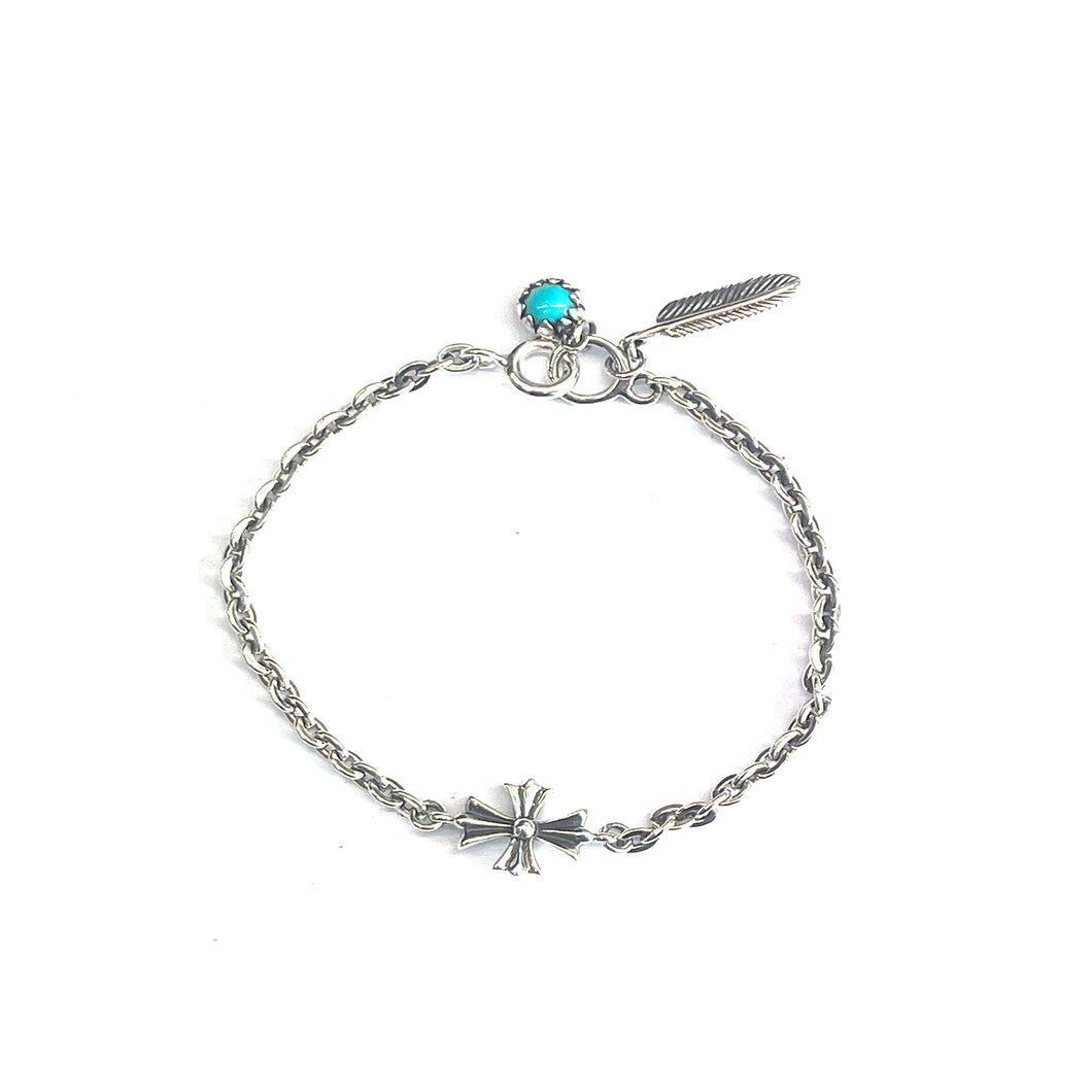 Cross silver bracelet with turquoise & feather