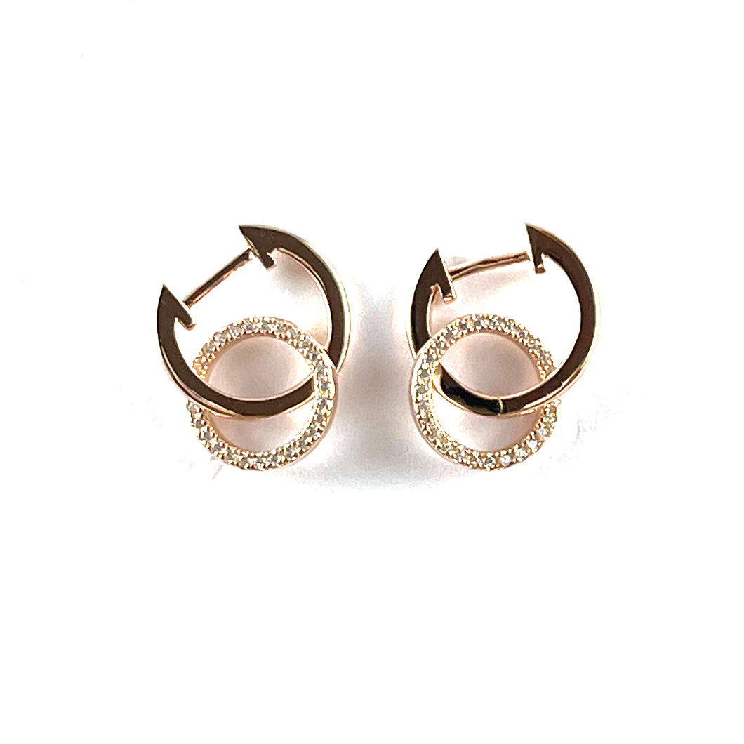 Double circle & CZ silver studs earring with pink gold plating