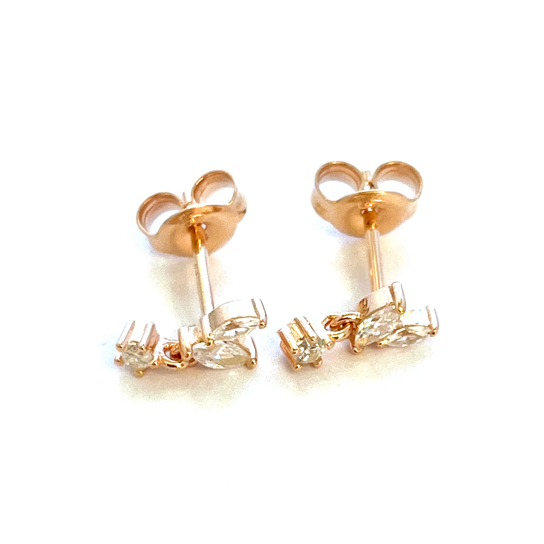 Three stone silver studs earring with pink gold plating