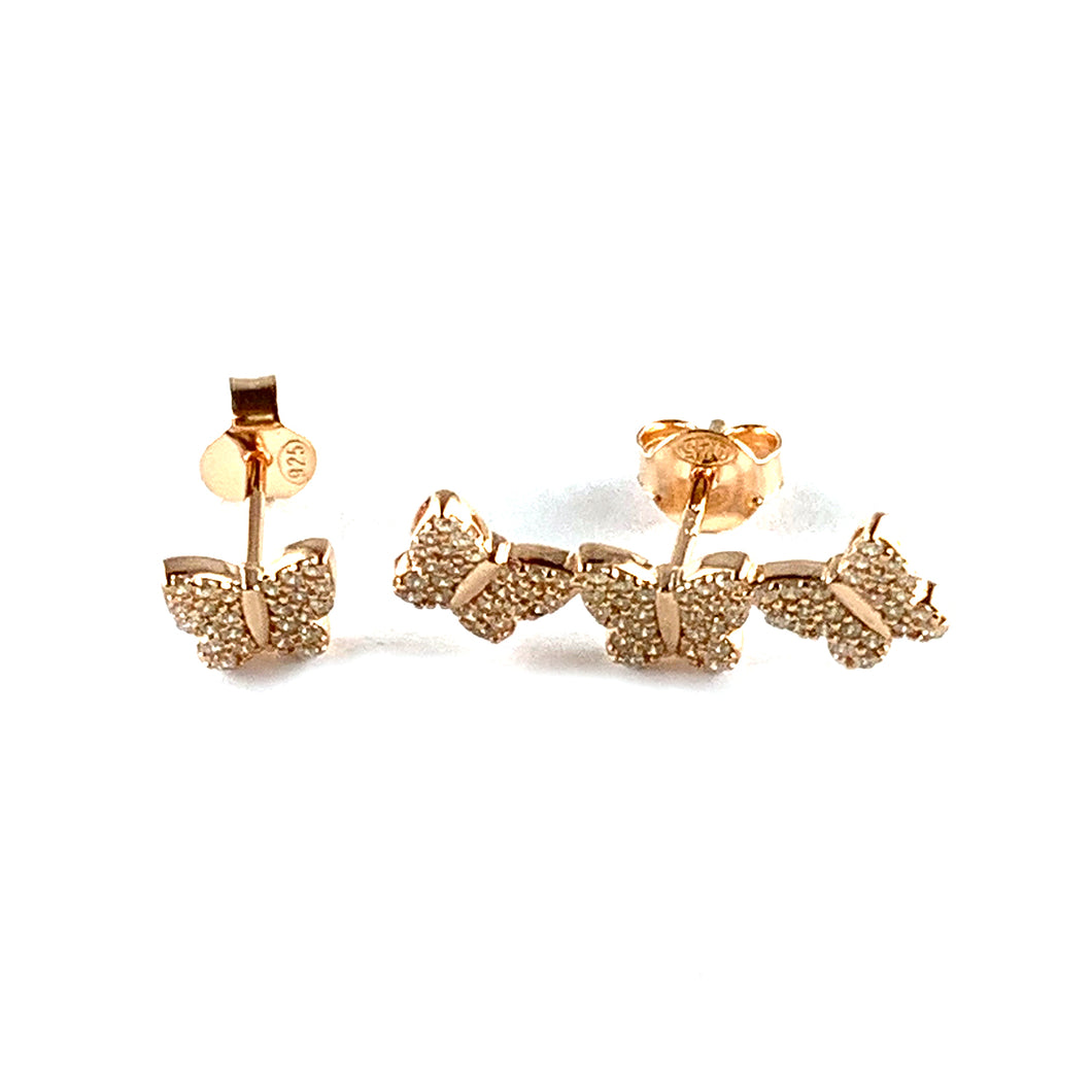4 butterfly silver earring with CZ & pink gold plating