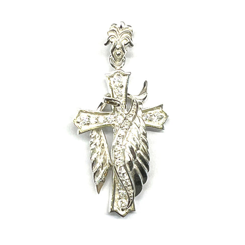 Cross & wing silver pendant with white CZ