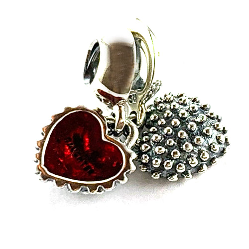 Double Heart silver beads with red stone