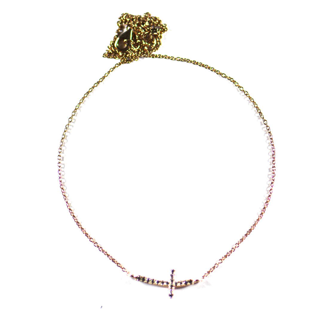 Horizontal cross silver necklace with pink gold plating
