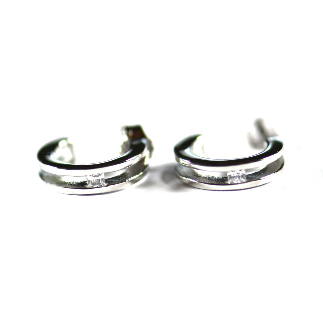 Parallel line silver studs earring with square CZ