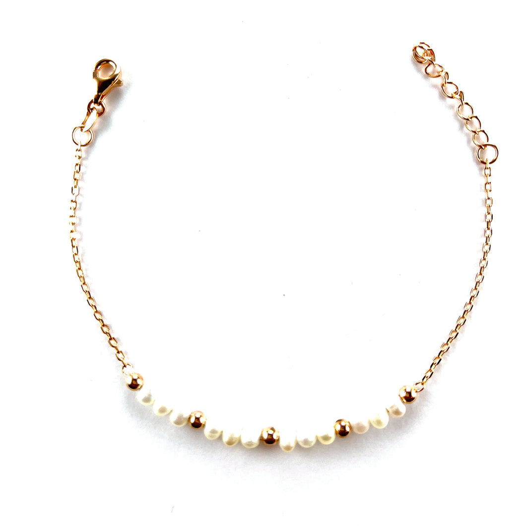 Pearl silver bracelet with silver ball & pink gold plating