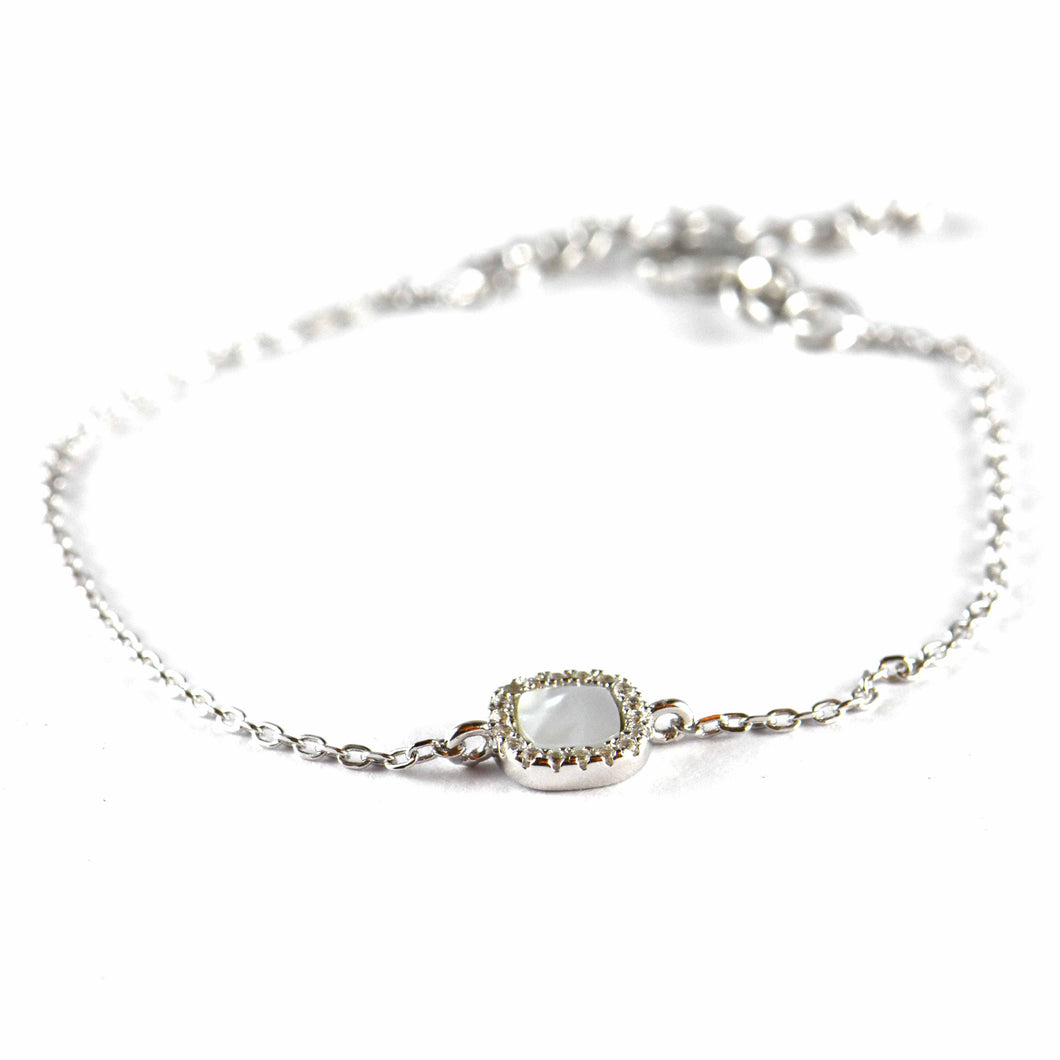 Square pattern silver bracelet with mother of pearl & CZ