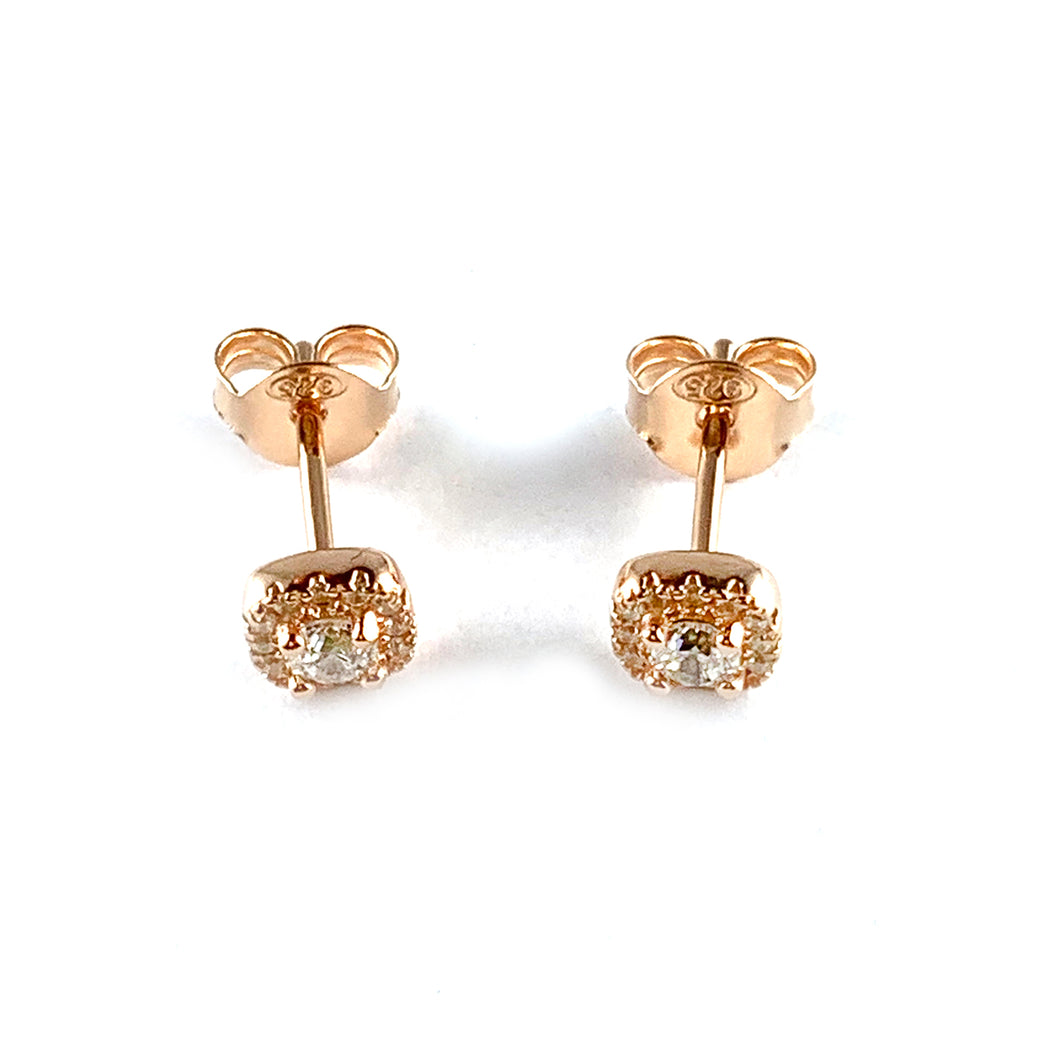 Square silver studs earring with full of CZ & pink gold plating