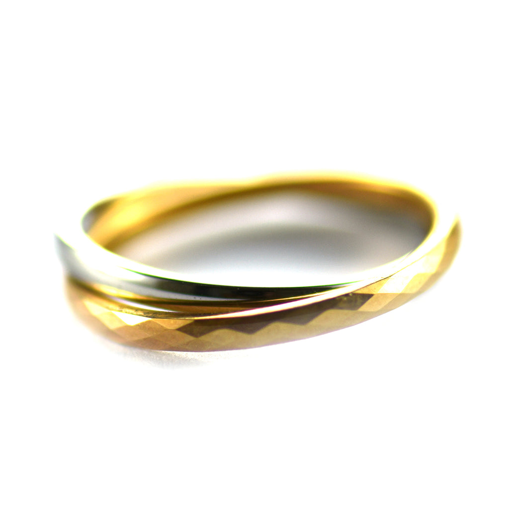 Twins circle stainless steel ring with diamond cut & pink gold plating
