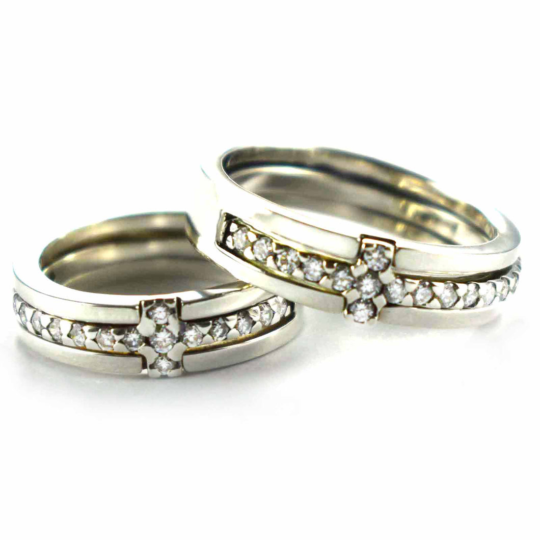 White CZ with cross pattern silver couple ring