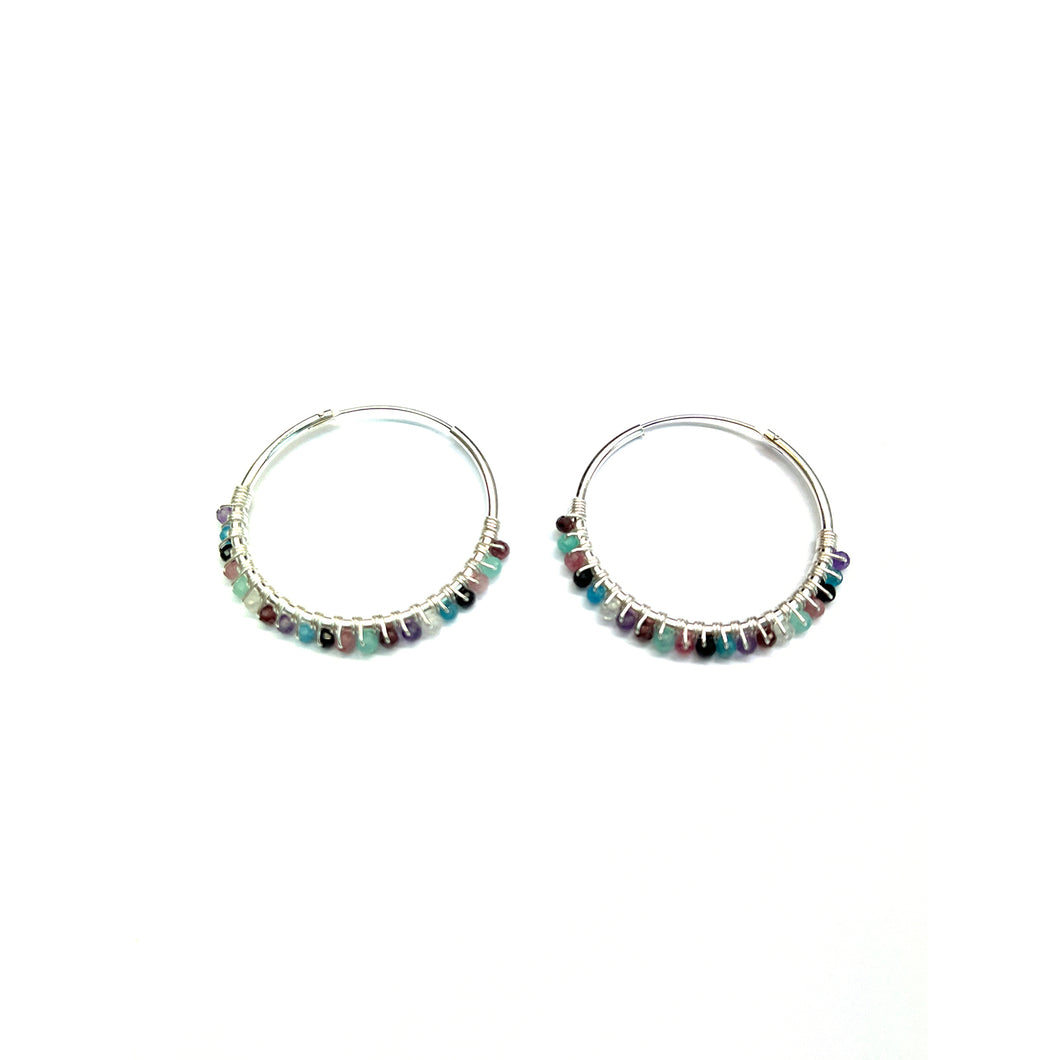30mm circle silver earring with color stone