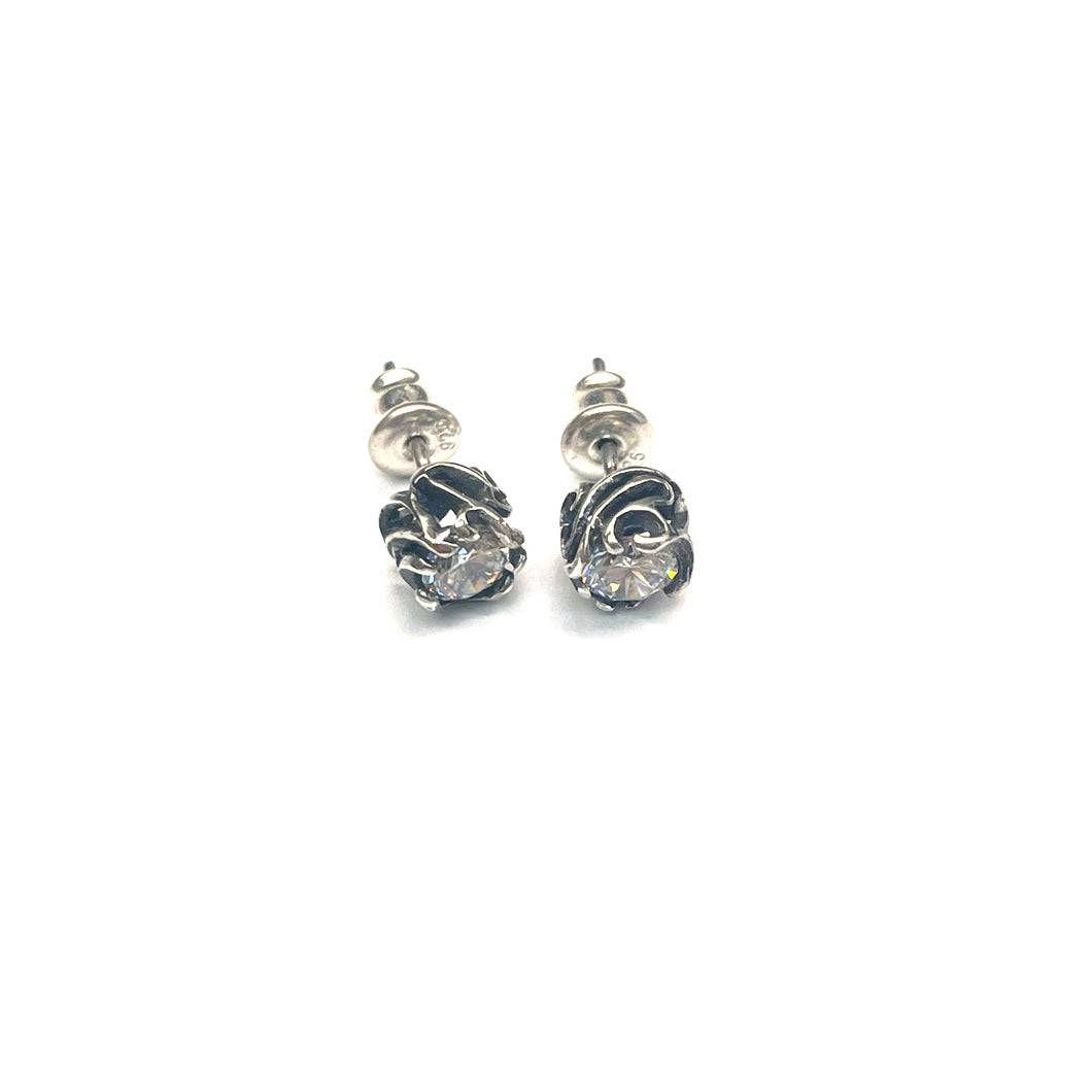 Art pattern studs silver earring with white CZ