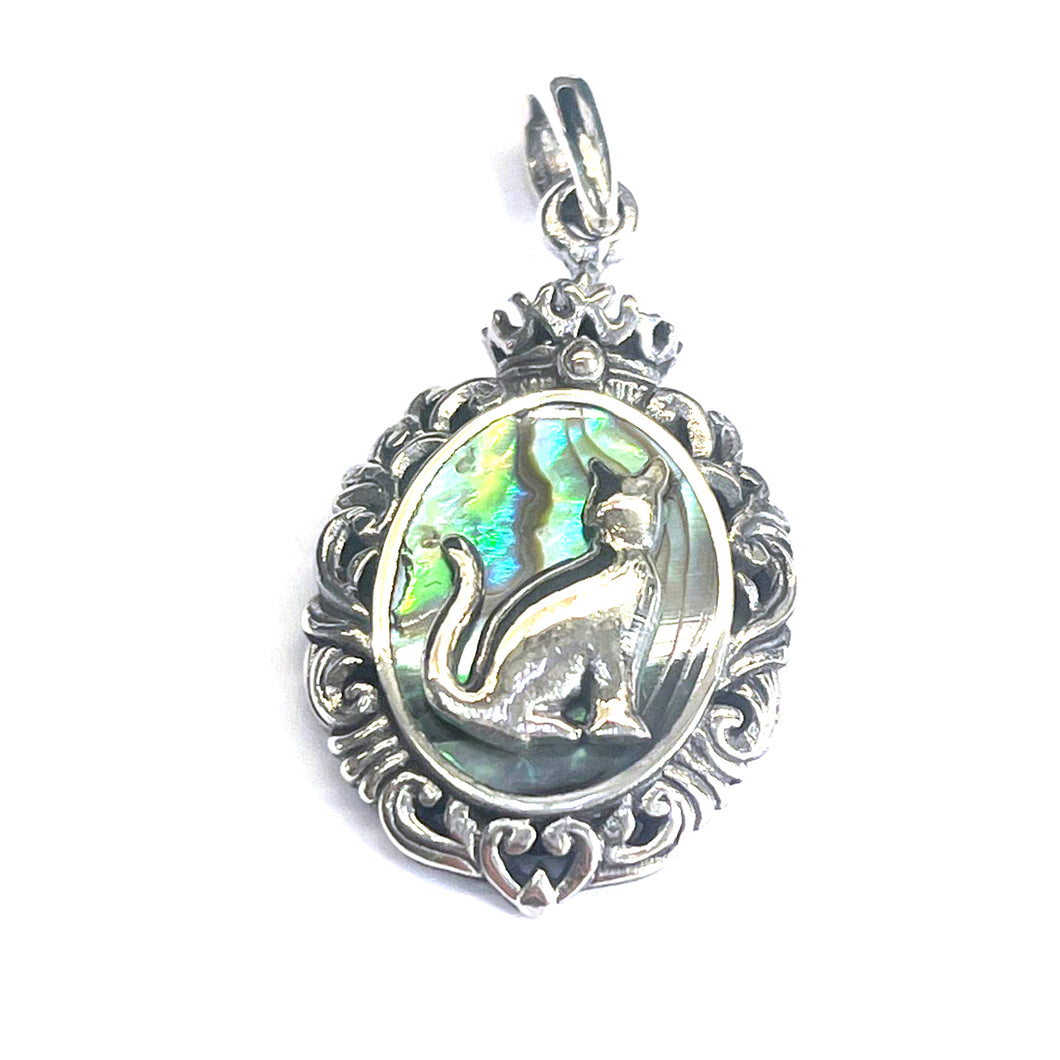 Cat silver pendant with abalone shell