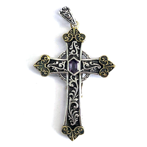 Cross silver pendant with brass plating & purple stone