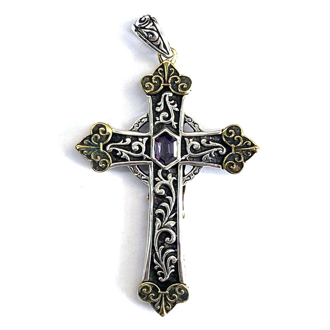 Cross silver pendant with brass plating & purple stone