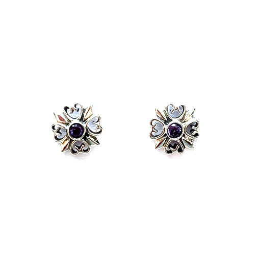 Cross silver studs earring with purple stone