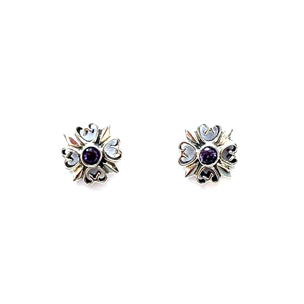 Cross silver studs earring with purple stone