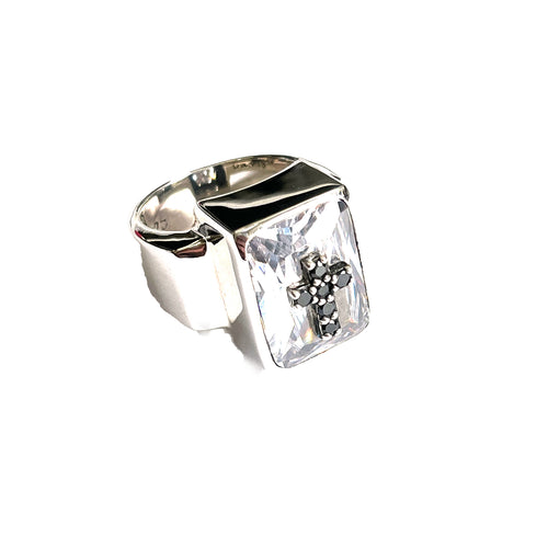 Crystal silver ring with black stone cross