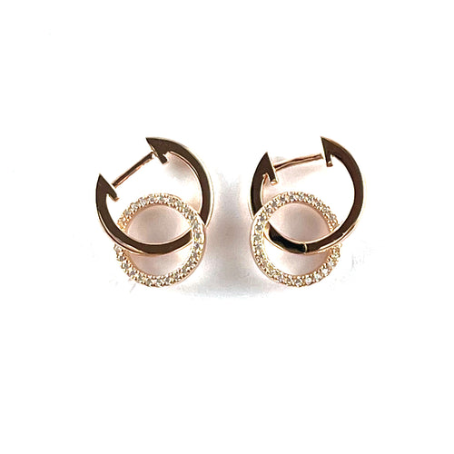 Double circle & CZ silver studs earring with pink gold plating