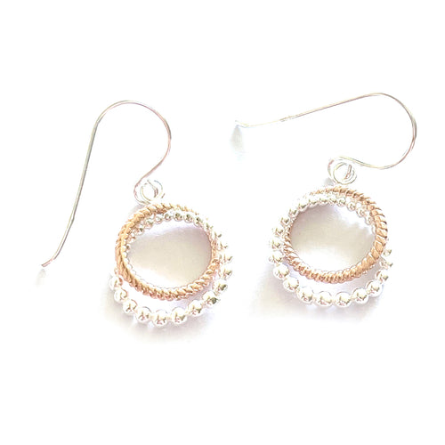 Double circle hook silver earring with pink gold plating