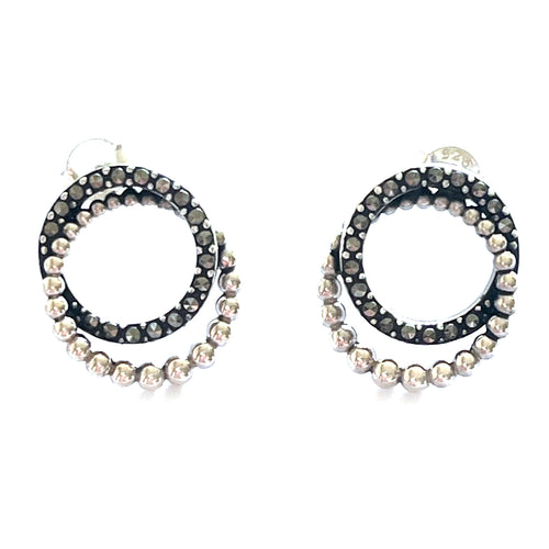Double circle studs silver earring with marcasite