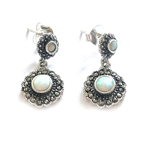 Double flower silver earring with opal & marcasite