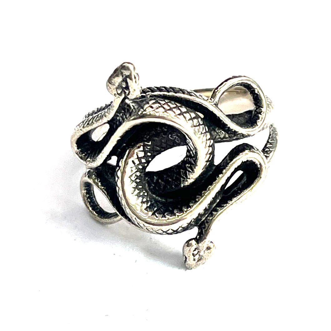 Double head snake silver ring