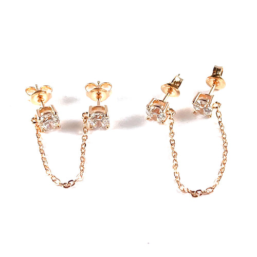 Double stone with chain silver studs earring with pink gold plating