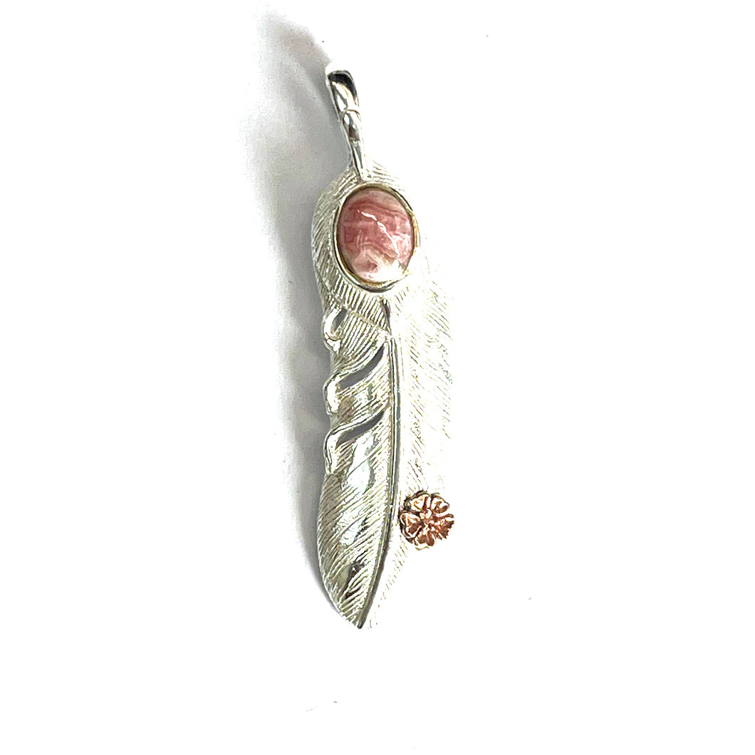 Feather silver pendant with rhodochrosite