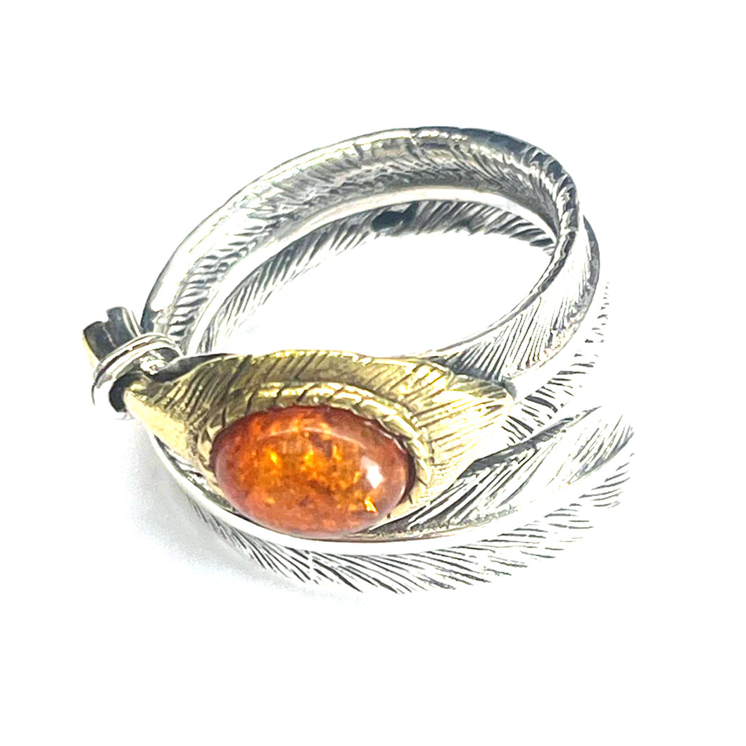 Feather silver ring with amber