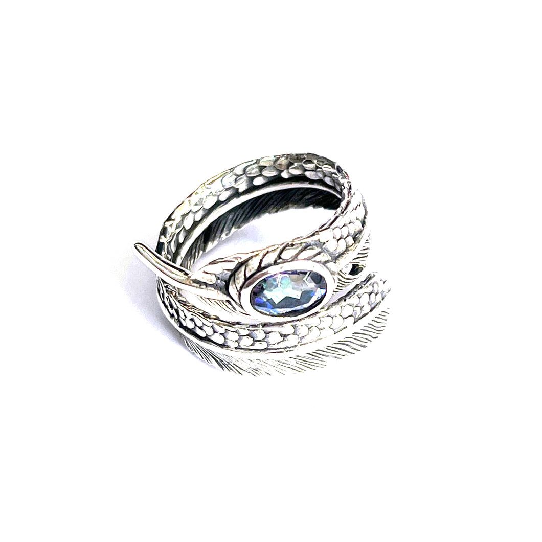 Feather silver ring with blue stone