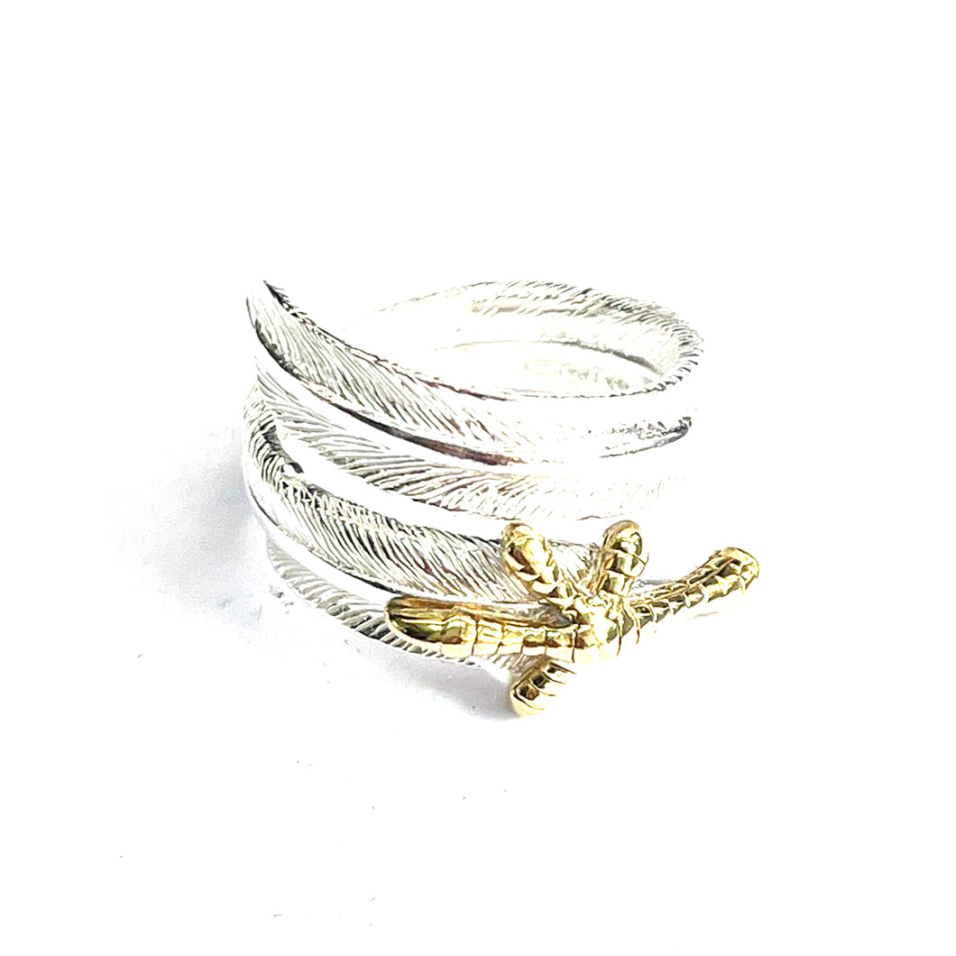 Feather silver ring with claw & brass plating