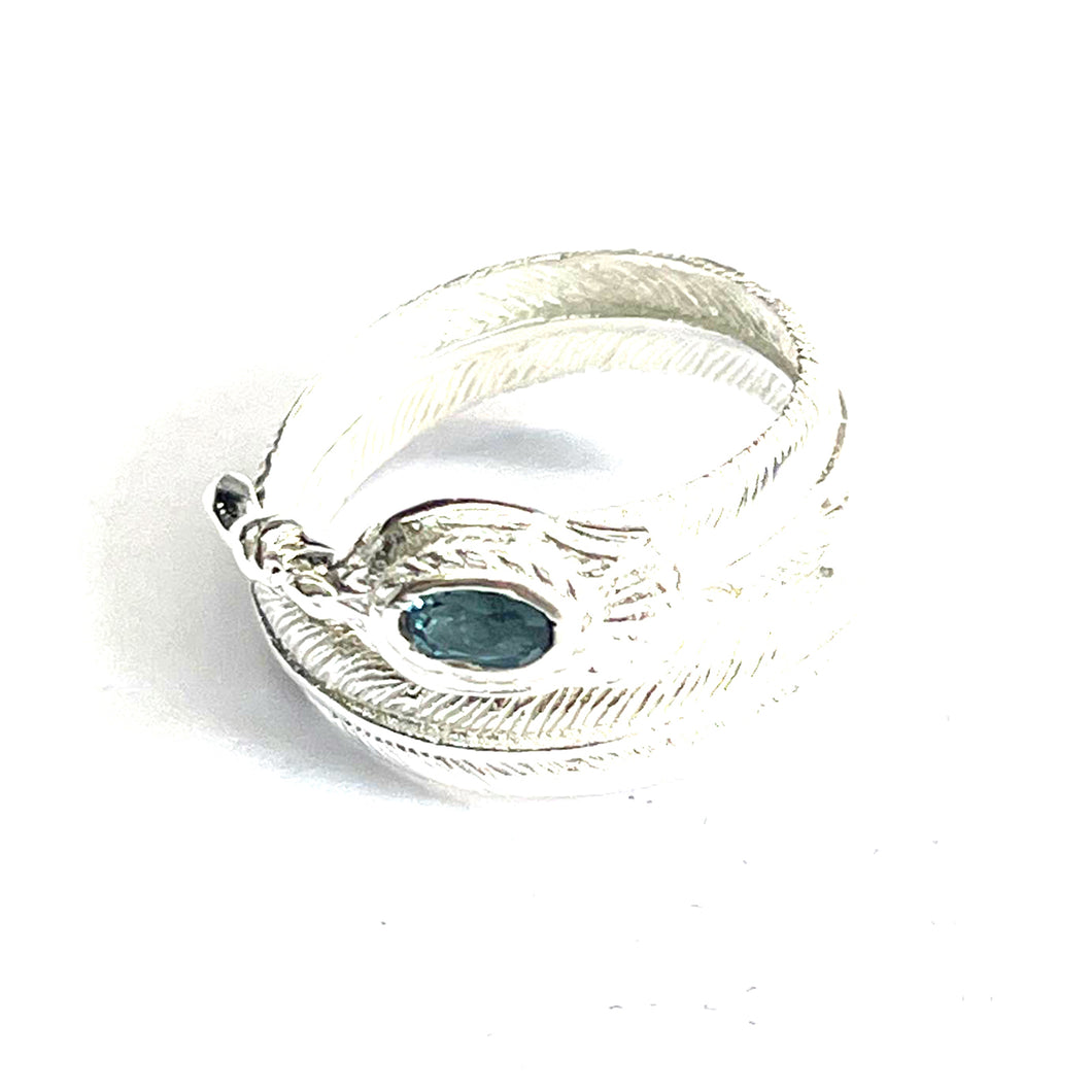 Feather silver ring with green stone