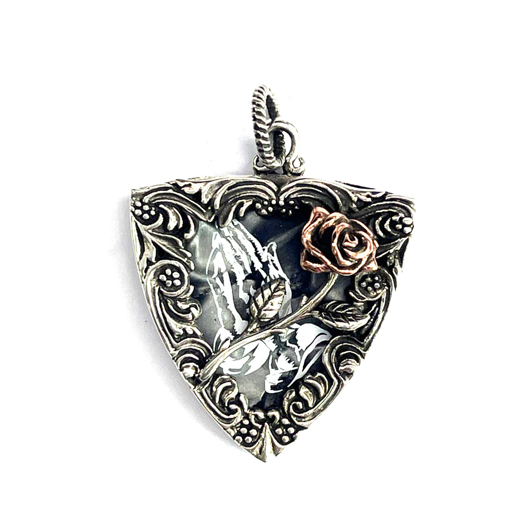 Guitar Pick silver pendant with rose with brass plating