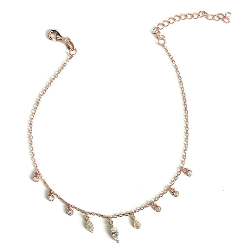 Nine stone silver anklet with pink gold plating