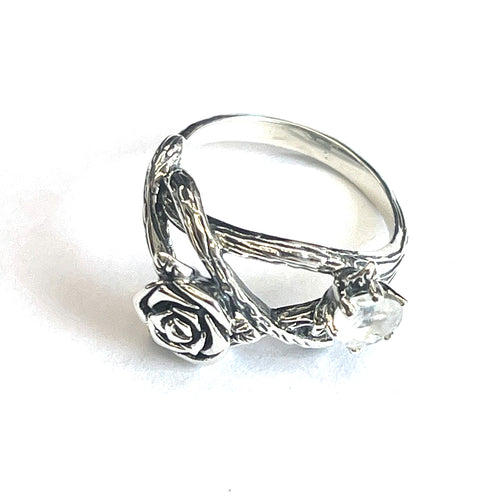 Rose & white stone silver ring