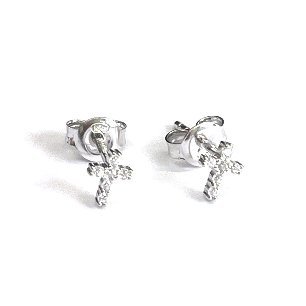 Small cross silver studs earring with white cz