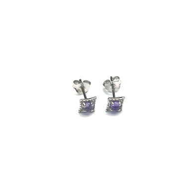 Square silver studs earring with purple stone