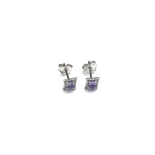 Square silver studs earring with purple stone