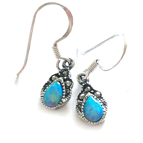 Tear drop silver earring with opal & marcasite