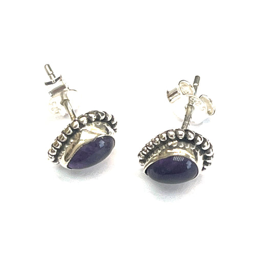 Tear drop silver studs earring with deep purple stone