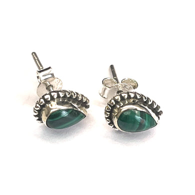 Tear drop silver studs earring with green stone