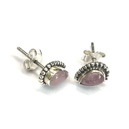 Tear drop silver studs earring with pink stone