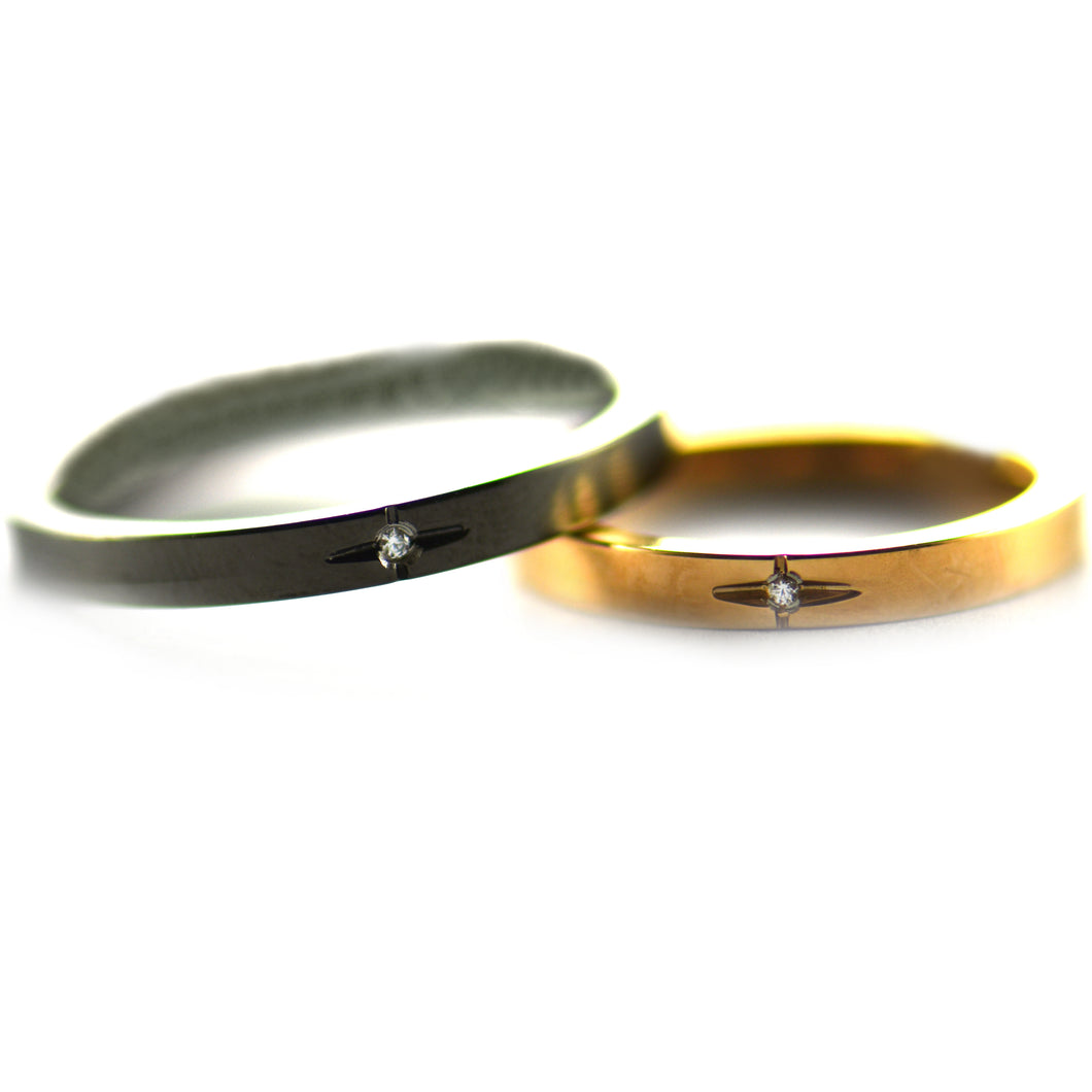 1mm CZ stainless steel couple ring with pink gold & black plating