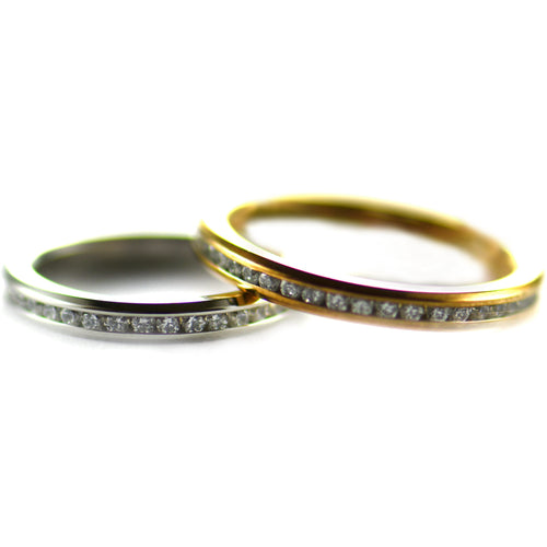 2mm Stainless steel couple ring with full of CZ & pink gold plating