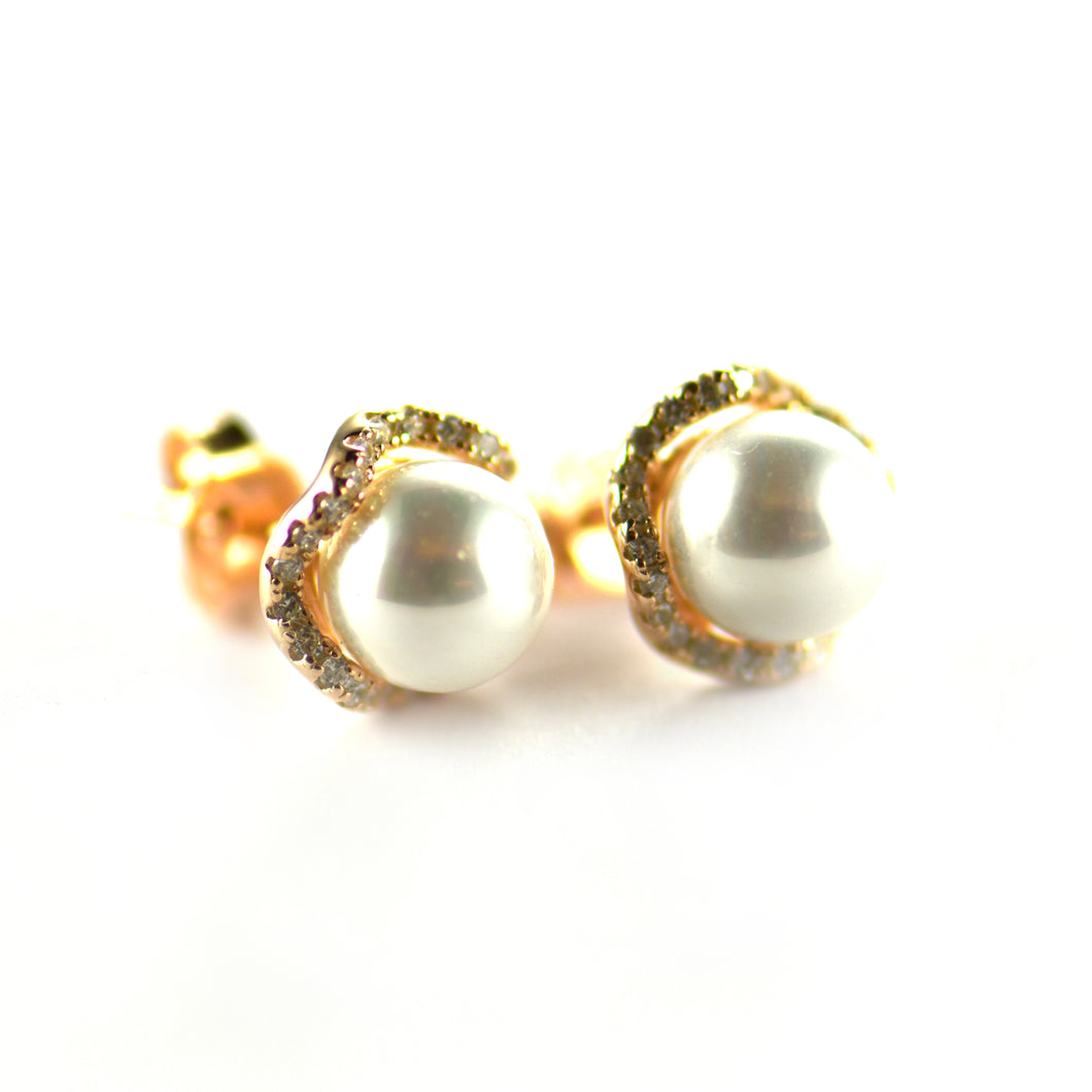 7mm pearl silver studs earring with CZ & pink gold plating