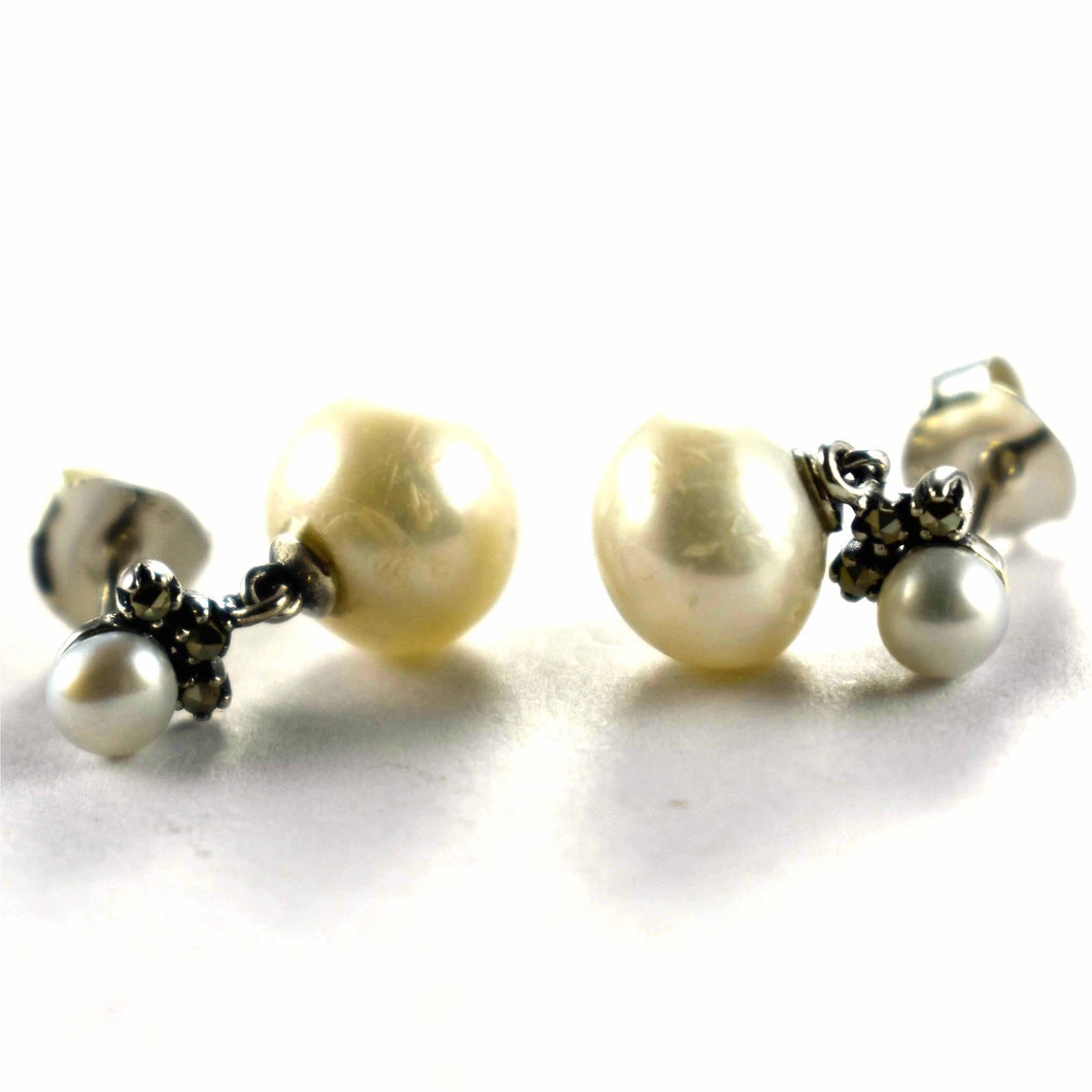 Big & Small pearl with marcasite silver studs earring