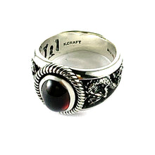 Big garnet silver ring with dragon pattern