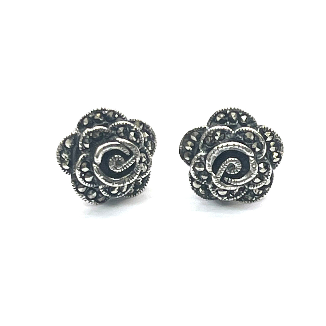 Big rose silver earring with marcasite
