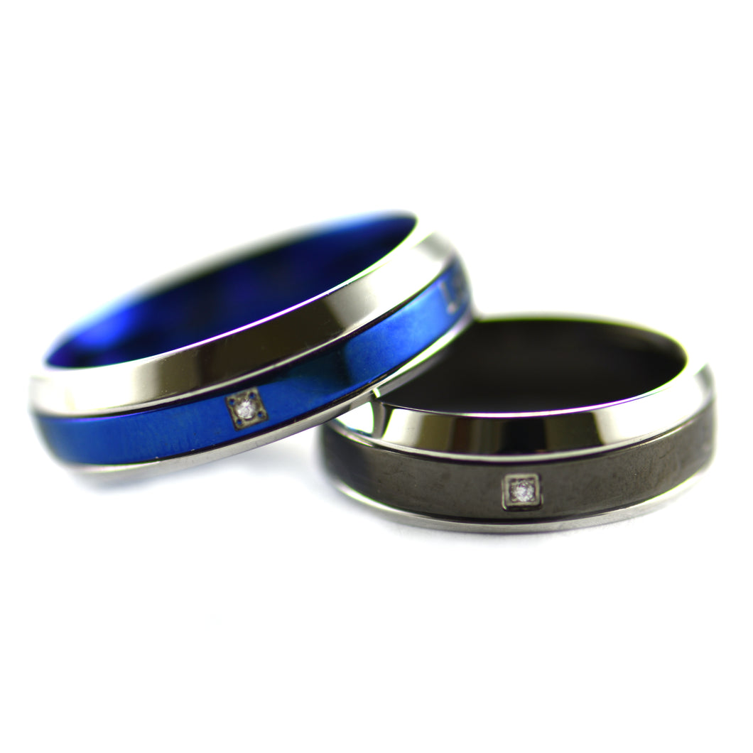 Blue & black stainless steel couple ring with white CZ