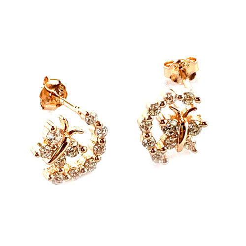 Butterfly & round silver earring with pink gold plating
